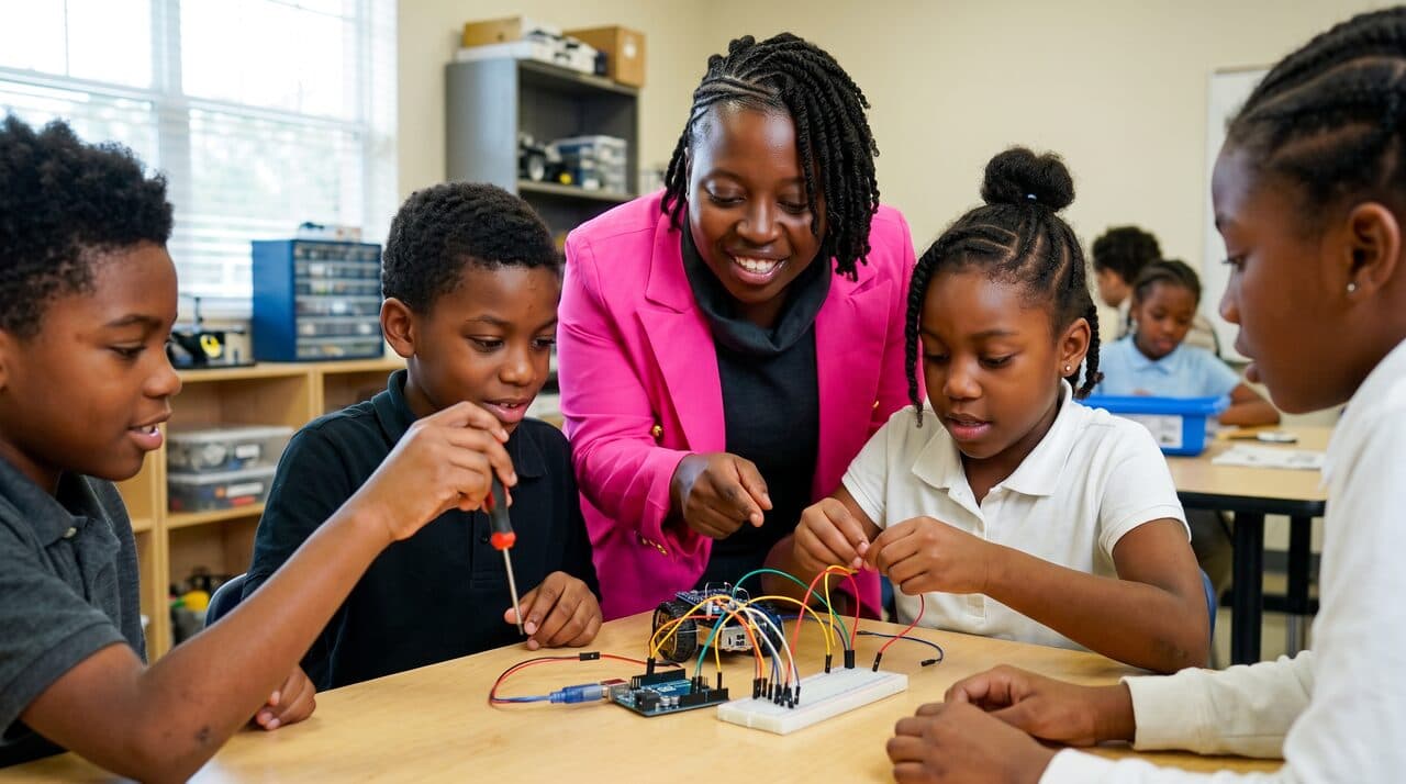 Dr. Ketly Jean-Pierre guiding kids building robots