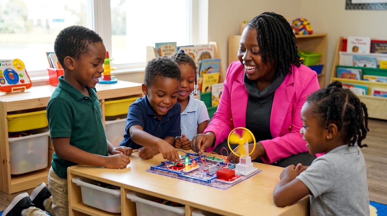 Dr. Ketly Jean-Pierre building snap circuits with young learners