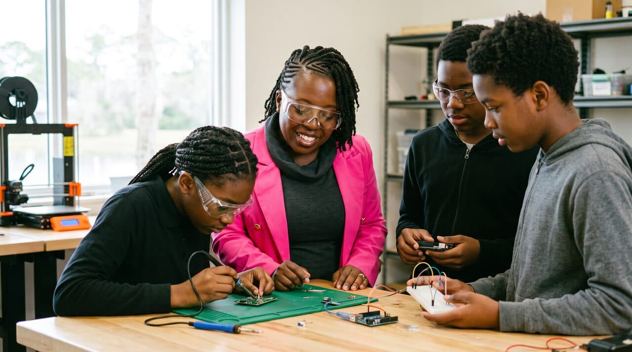 Dr. Ketly Jean-Pierre teaching teens soldering and electronics