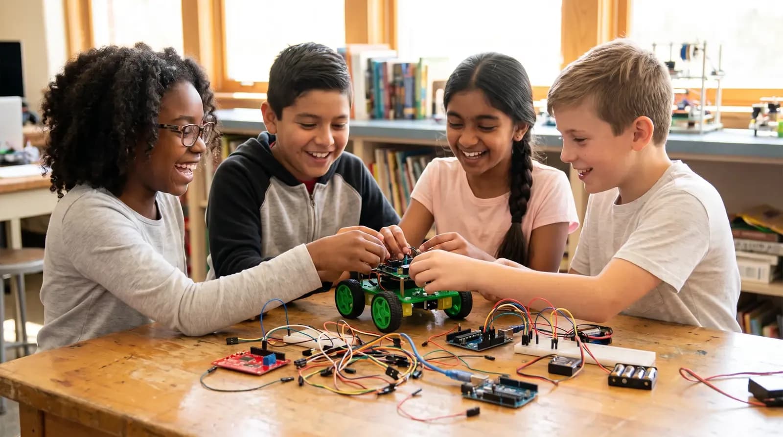 A group of kids building a robot together