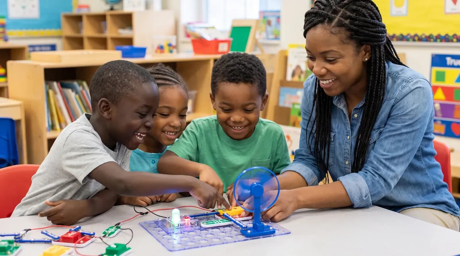 Young children building a snap-circuit project together