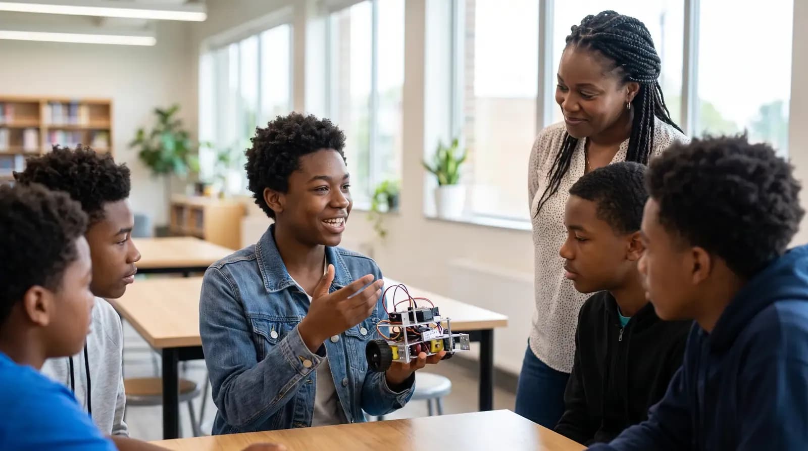 A teenager presenting a robot project